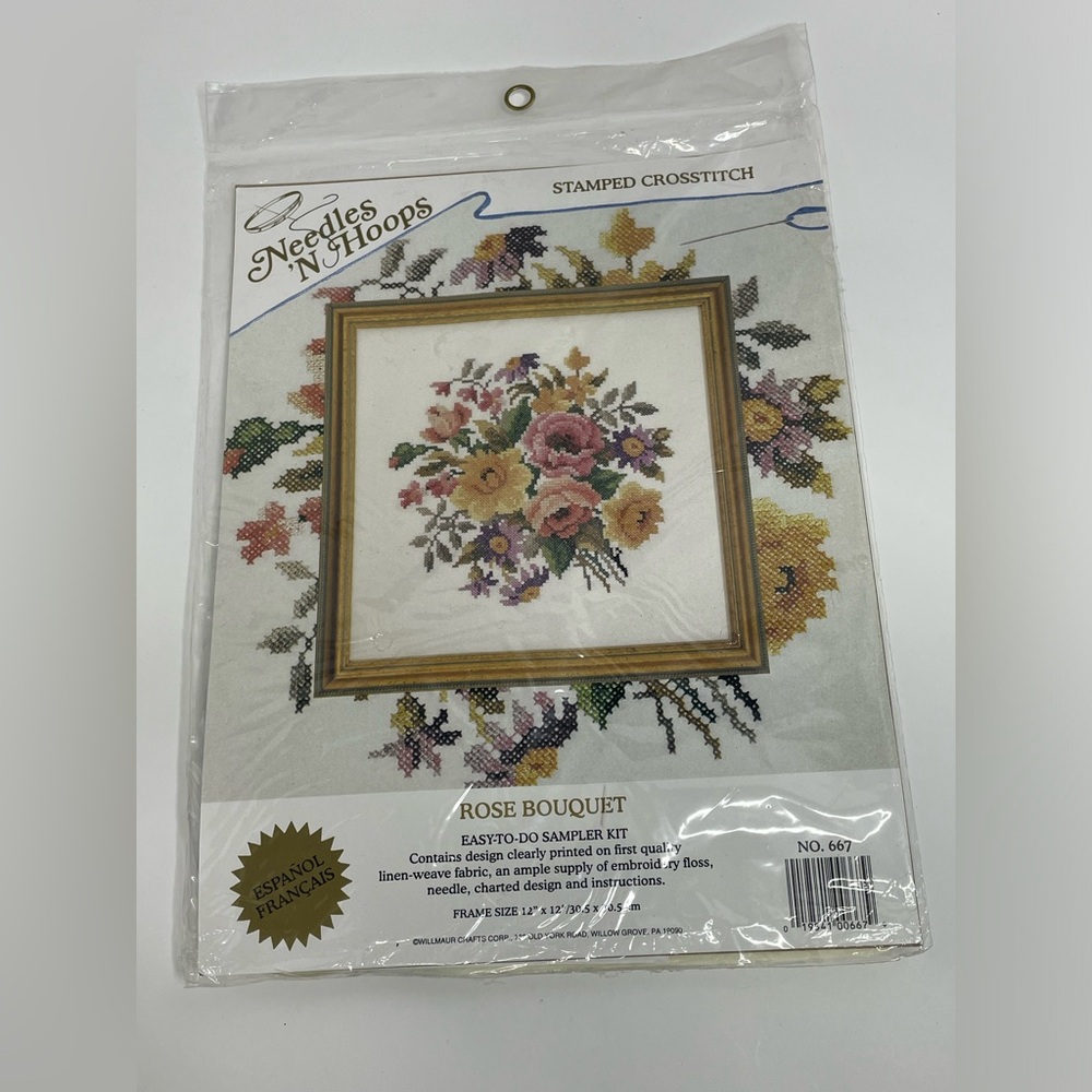 Vintage Needles N Hoops Stamped Cross Stitch Kit Rose Bouquet NIP Rare